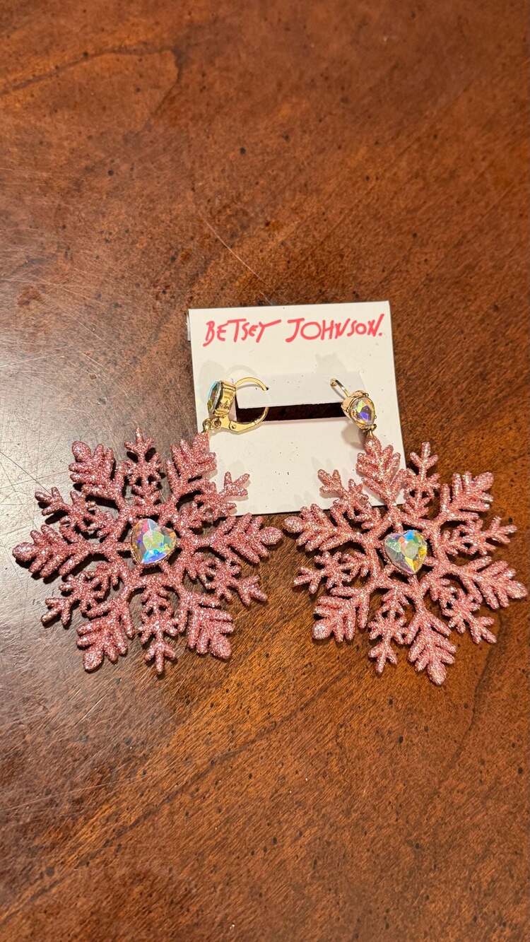 Betsey Johnson Pink Glitter Snowflake Earrings